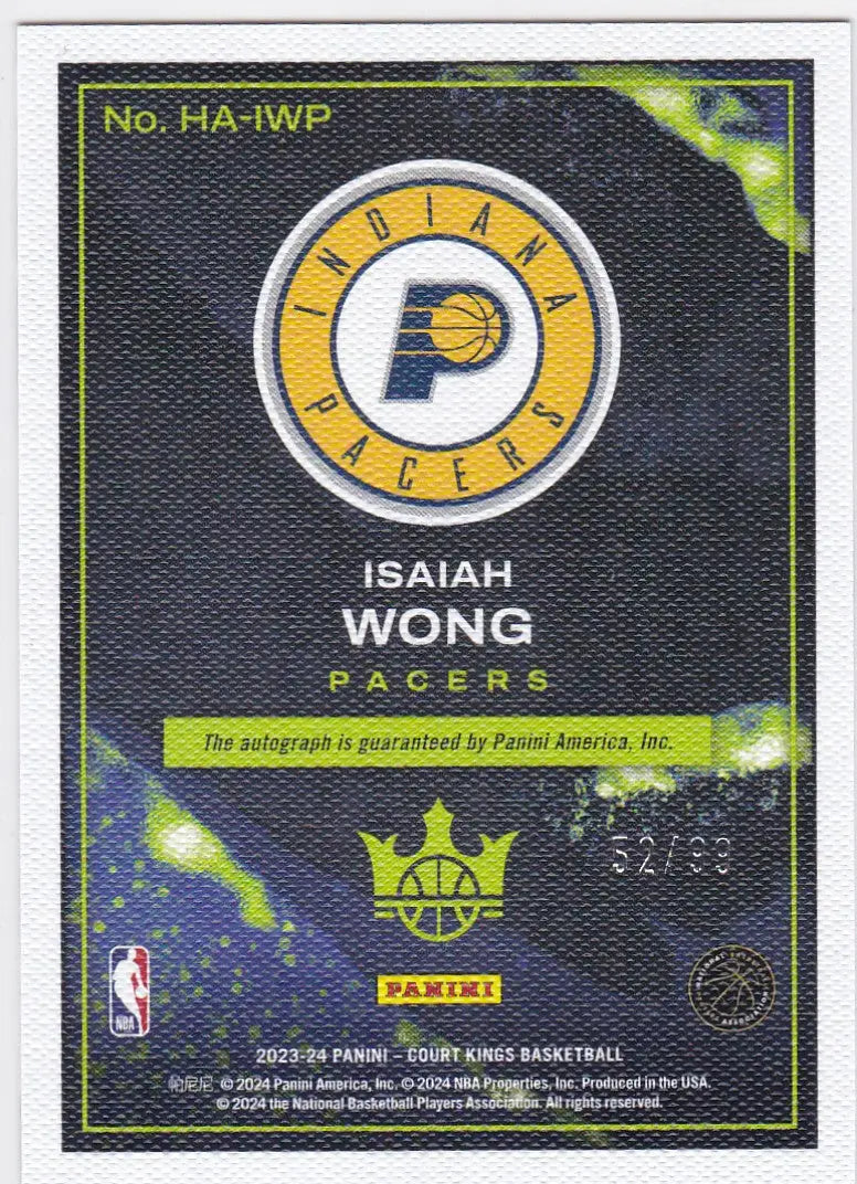 Isaiah Wong Heir Auto Panini Court Kings basketball card Indiana Pacers 52/99
