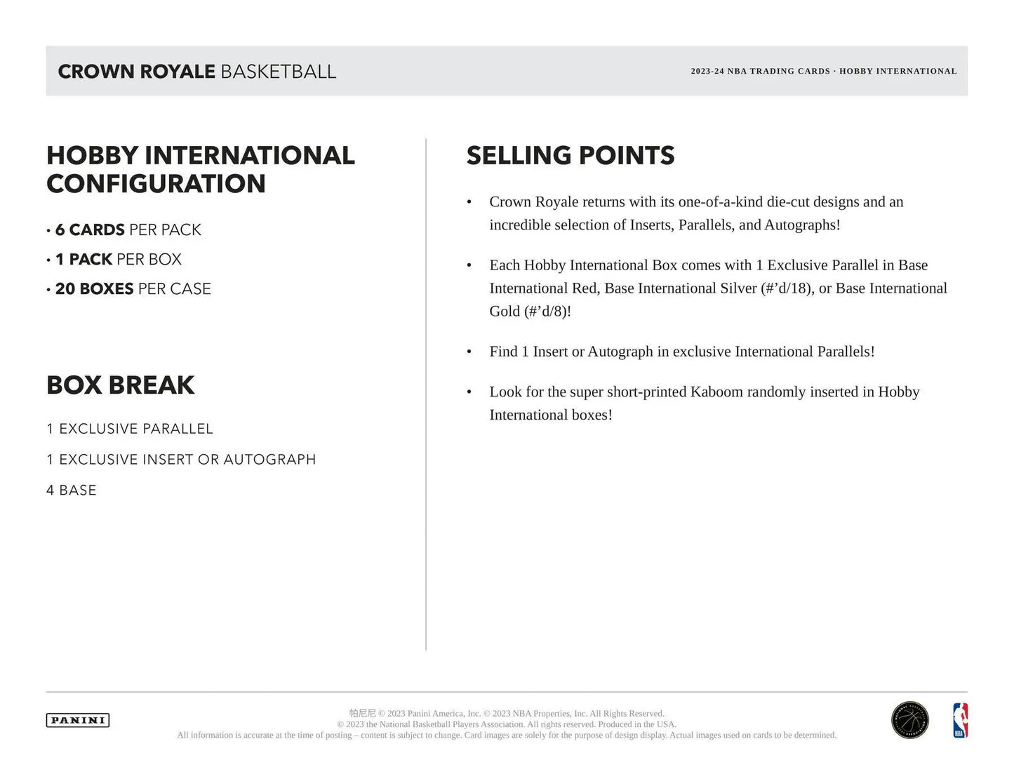 Crown Royale Basketball Hobby International configuration details in Panini Crown Royale box