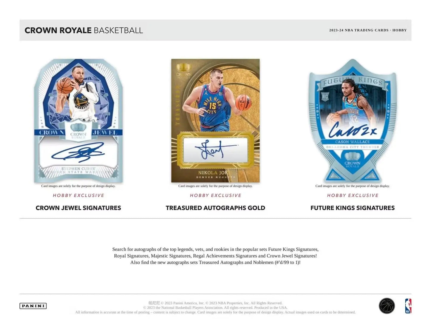 Basketball trading cards featuring rookie silhouettes and treasured autographs from Panini Crown Royale 2023-24 NBA Hobby Box