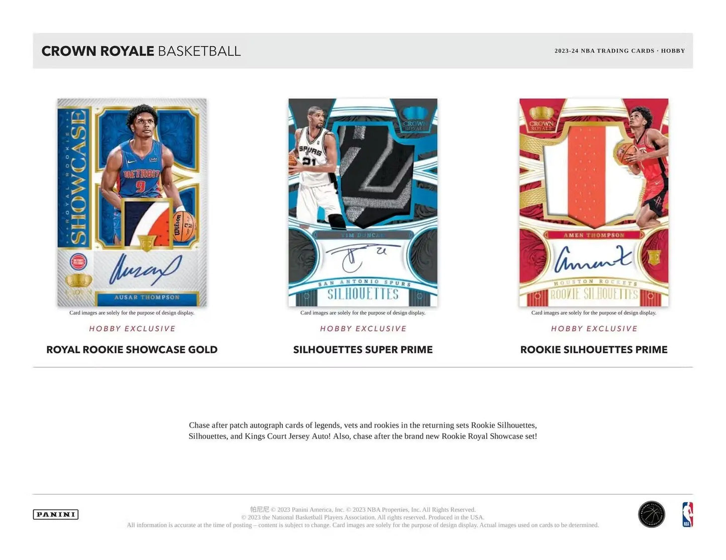 Basketball trading cards from 2023-24 Panini Crown Royale NBA Hobby Box featuring rookie silhouettes