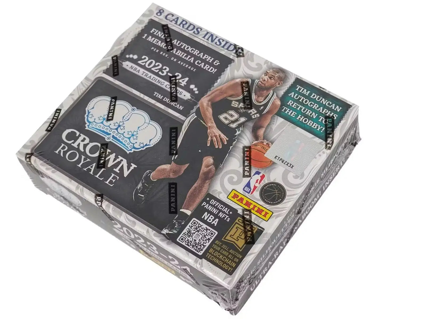 Sealed box of 2023-24 Panini Crown Royale NBA trading cards with rookie silhouettes and treasured autographs