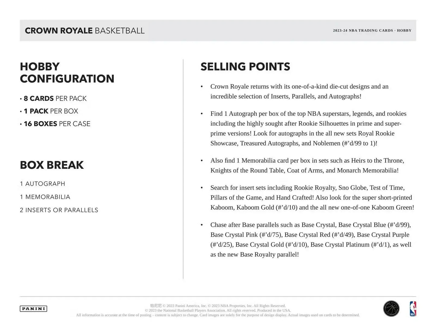 Crown Royale basketball card product details with rookie silhouettes and treasured autographs