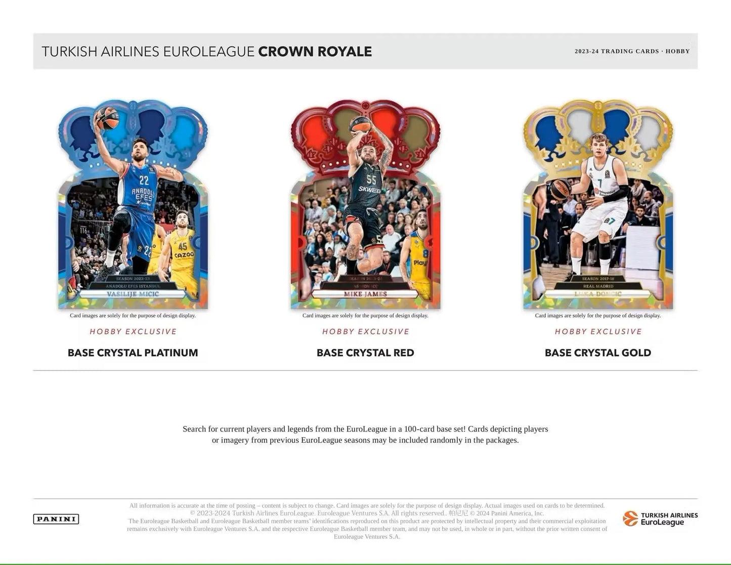 Three basketball trading cards from 2023/24 Panini Crown Royale Turkish Airlines EuroLeague Hobby