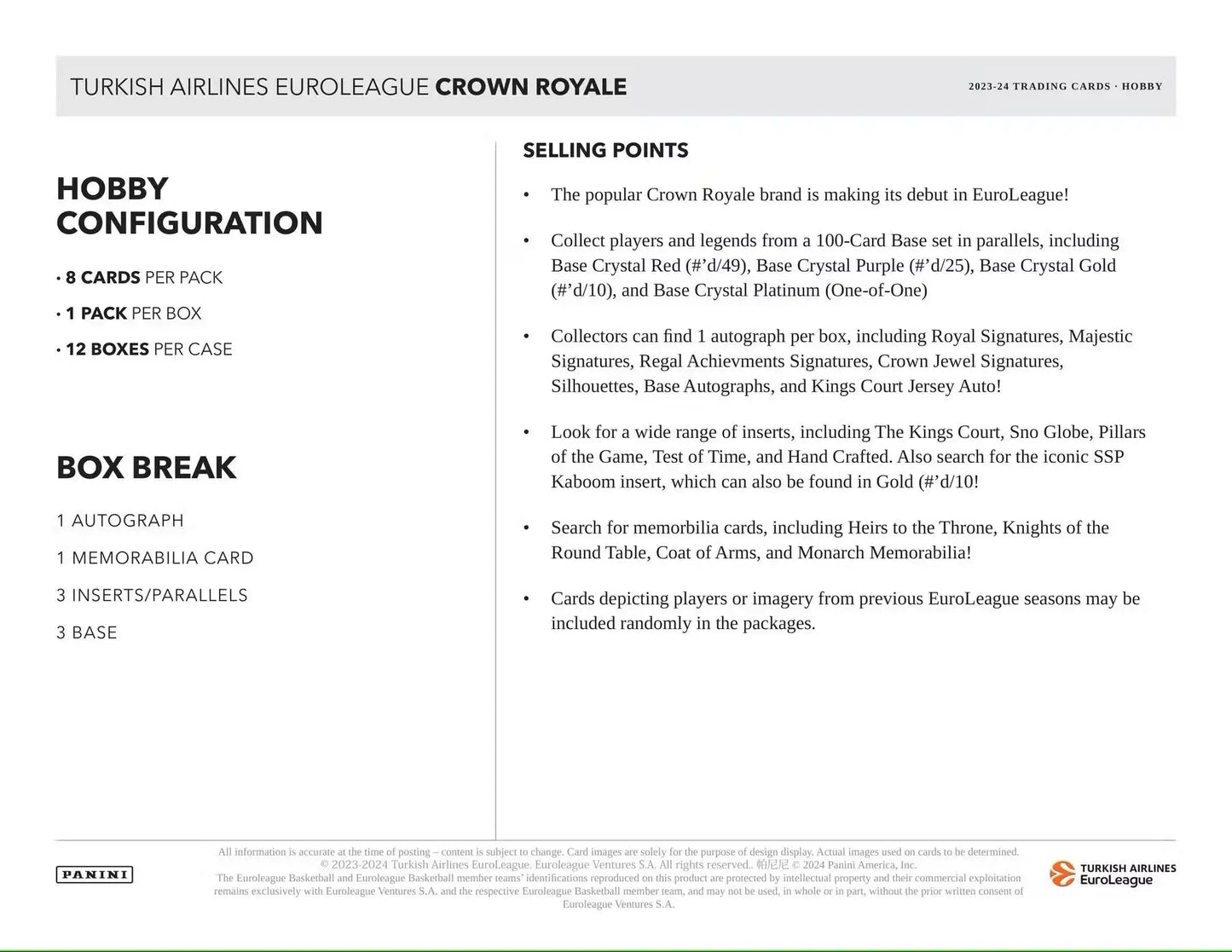 Euroleague Crown Royale basketball hobby product with base crystal and selling points