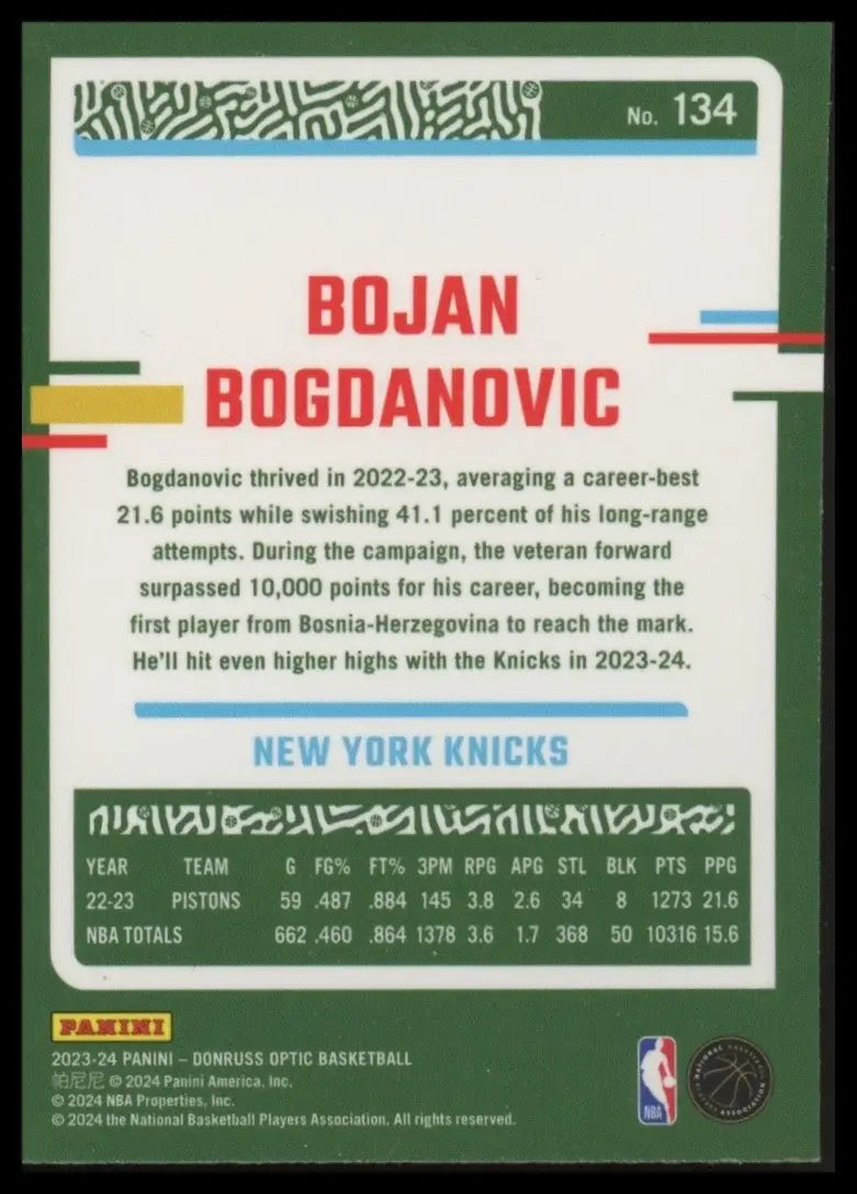 2023-24 Panini Donruss Optic Bojan Bogdanovic #134 New York Knicks Basketball - Basketball Card