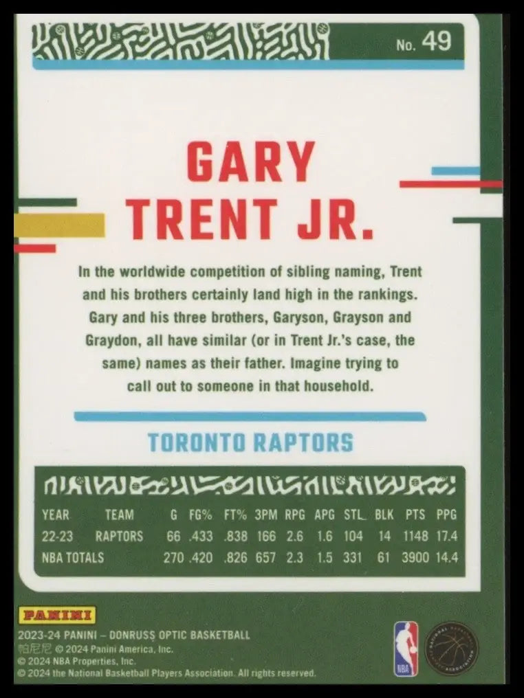 2023-24 Panini Donruss Optic Gary Trent Jr #49 Toronto Raptors Basketball Card - Basketball Card