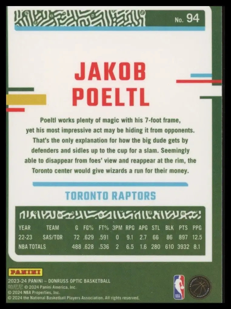 2023-24 Panini Donruss Optic Jakob Poeltl #94 Toronto Raptors Basketball Card