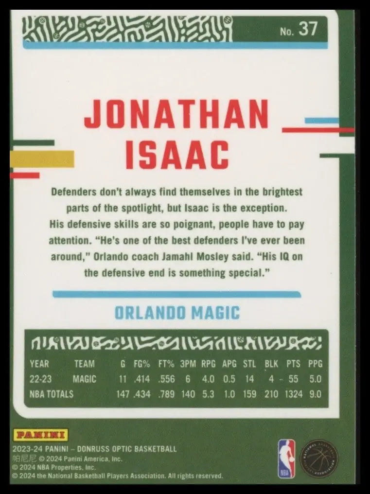 2023-24 Panini Donruss Optic Jonathan Isaac #37 Orlando Magic Basketball Card