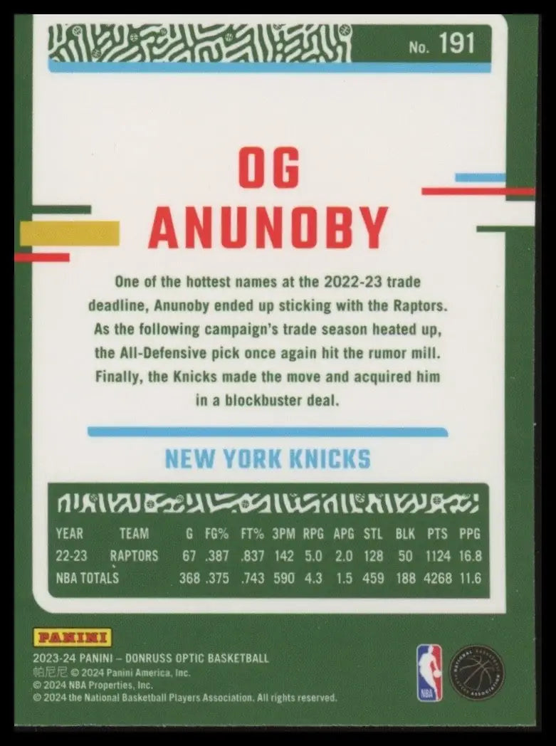 2023-24 Panini Donruss Optic OG Anunoby #191 New York Knicks Basketball Card NBA - Basketball Card