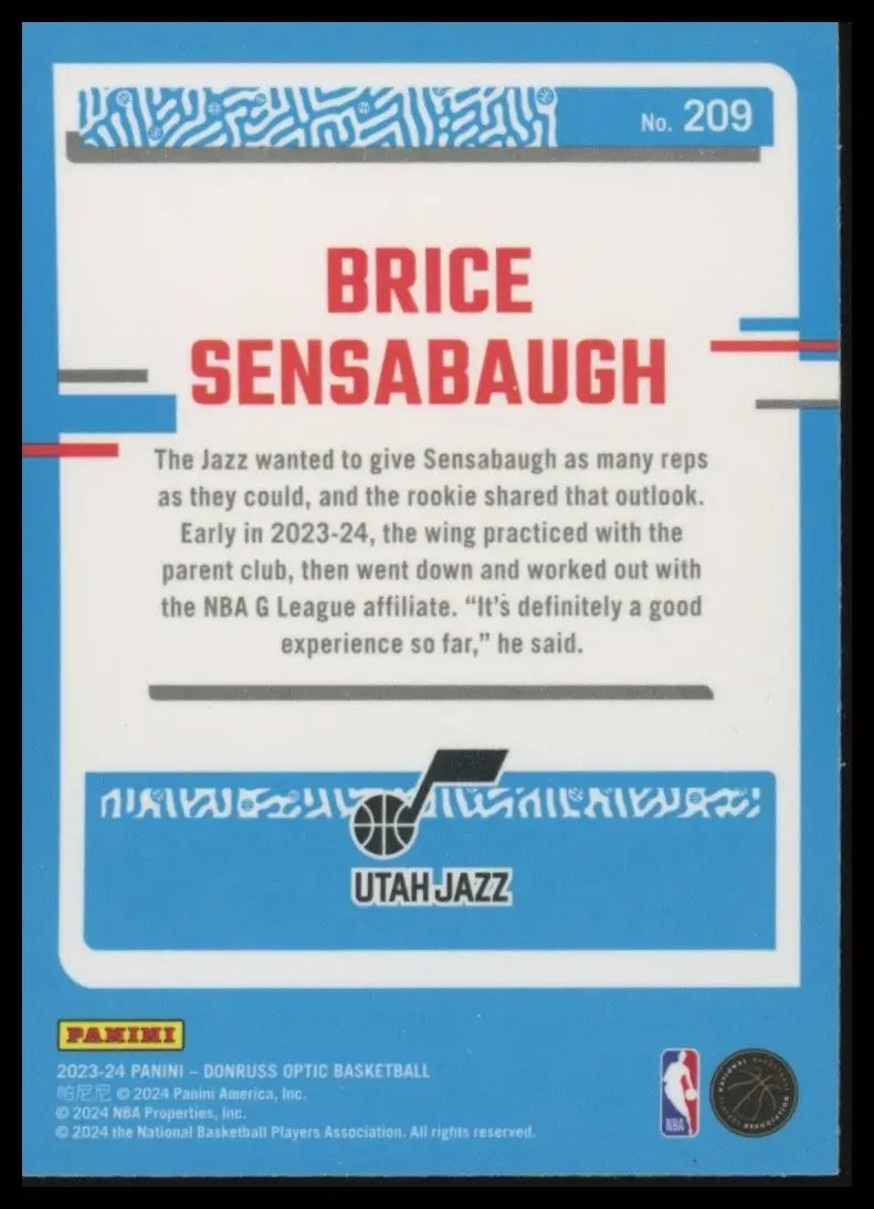 2023-24 Panini Donruss Optic Rookie Brice Sensabaugh #209 Utah Jazz Basketball - Basketball Card