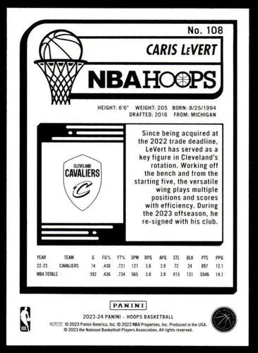 Basketball card back featuring Caris LeVert from 2023-24 Panini Hoops in near mint condition