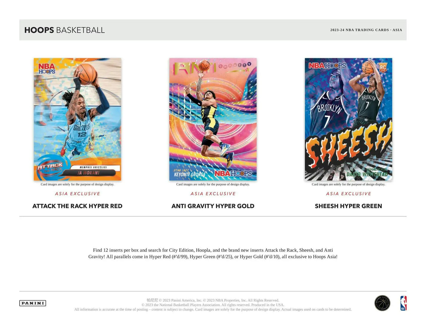 Three basketball trading cards from 2023-24 Panini Hoops Basketball Asia Box with hot signatures