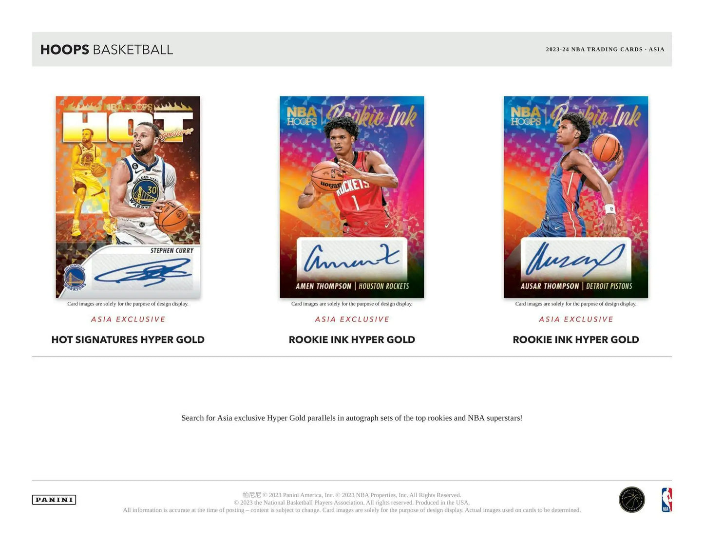 Three Panini Hoops Basketball trading cards from the 2023-24 Asia Box featuring hot signatures