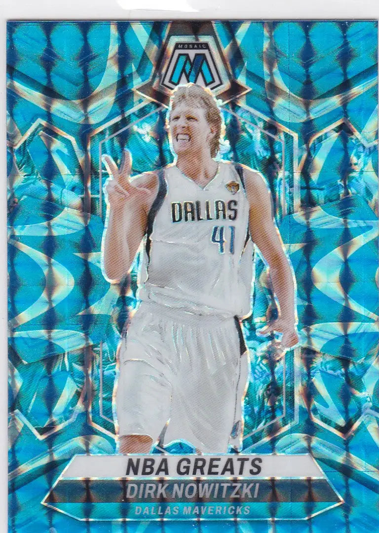 2023-24 Panini Mosaic Dirk Nowitzki Blue Prizm trading card showcasing Nowitzki Blue Prizm Dallas Mavericks