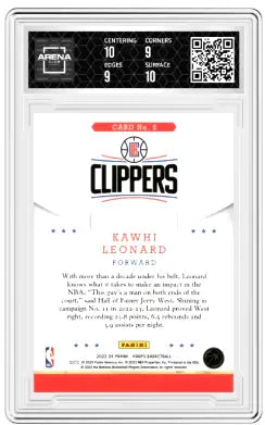 Graded NBA Hoops Kawhi Leonard basketball card from 2023-24 Panini Arena Club