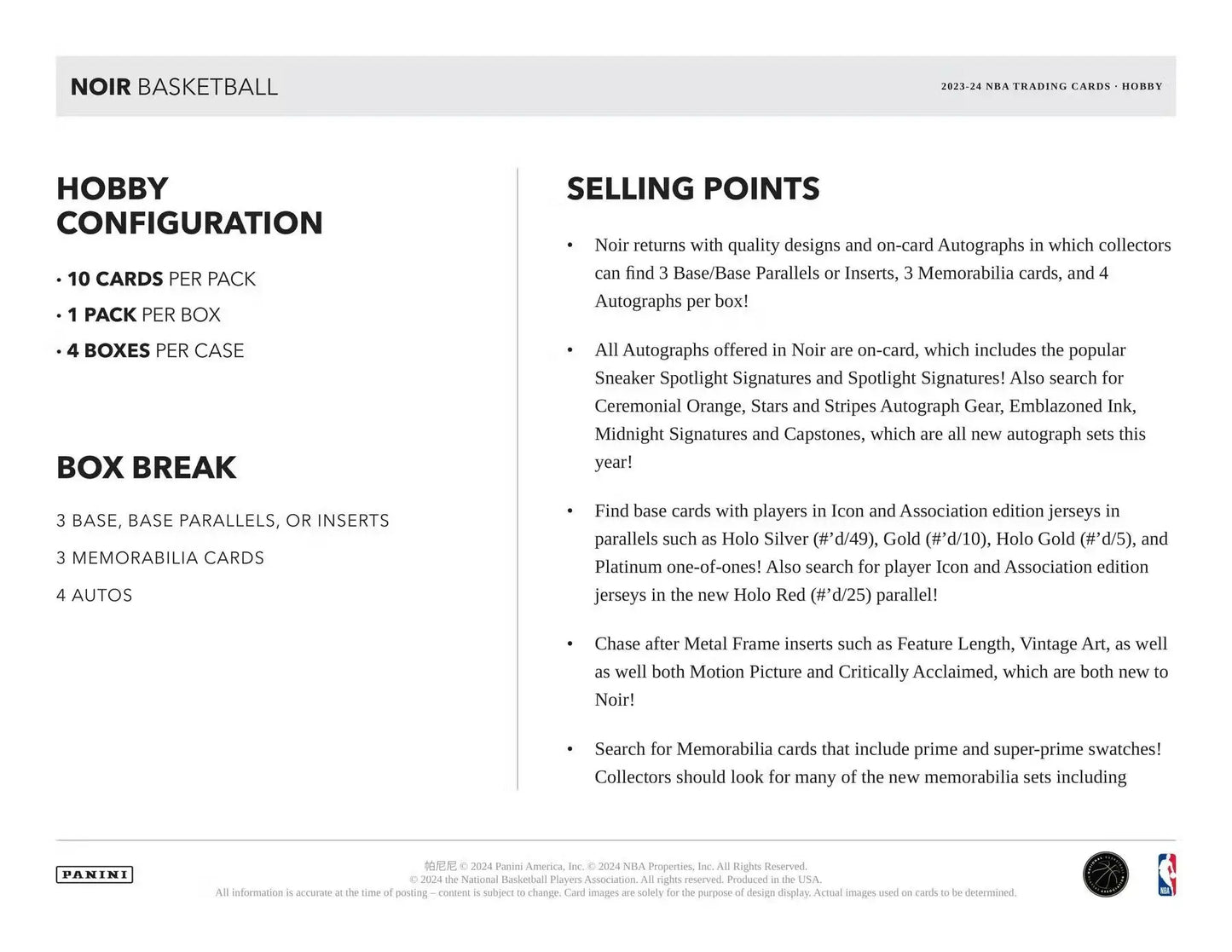 Noir basketball card product details with memorabilia cards and spotlight signatures in 2023-24 Panini Noir Hobby Box