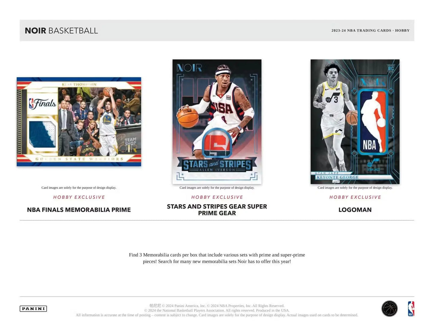Basketball trading cards including memorabilia cards and spotlight signatures from 2023-24 Panini Noir Hobby Box