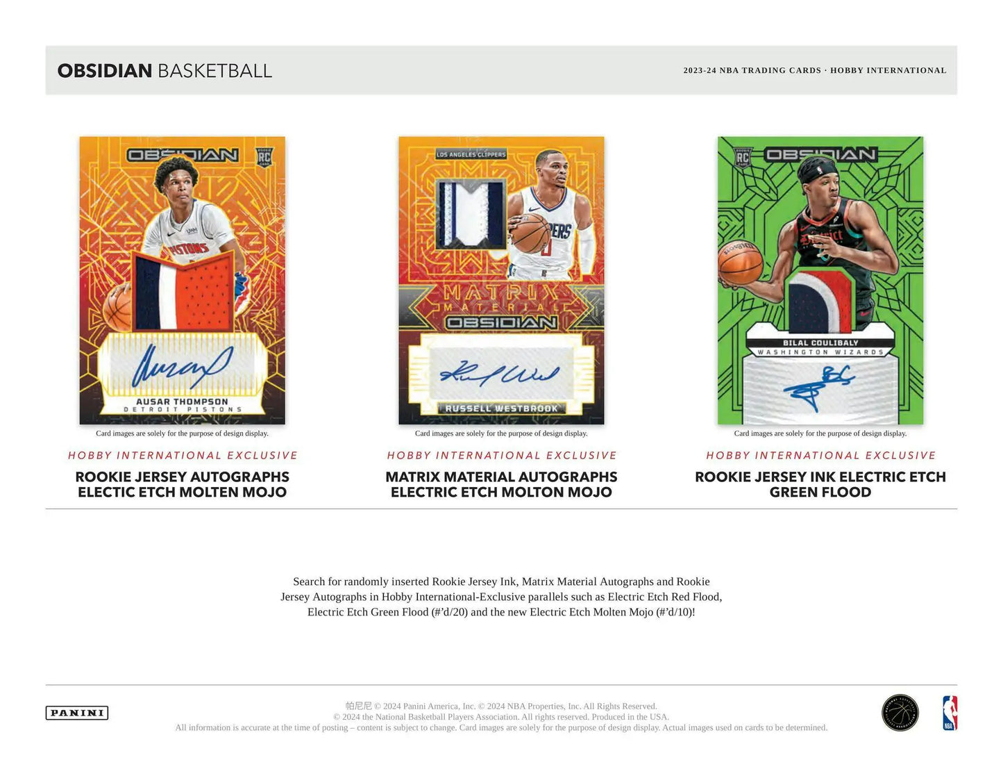 Basketball trading cards featuring rookie jersey autographs in the 2023-24 Panini Obsidian Basketball International Hobby Box