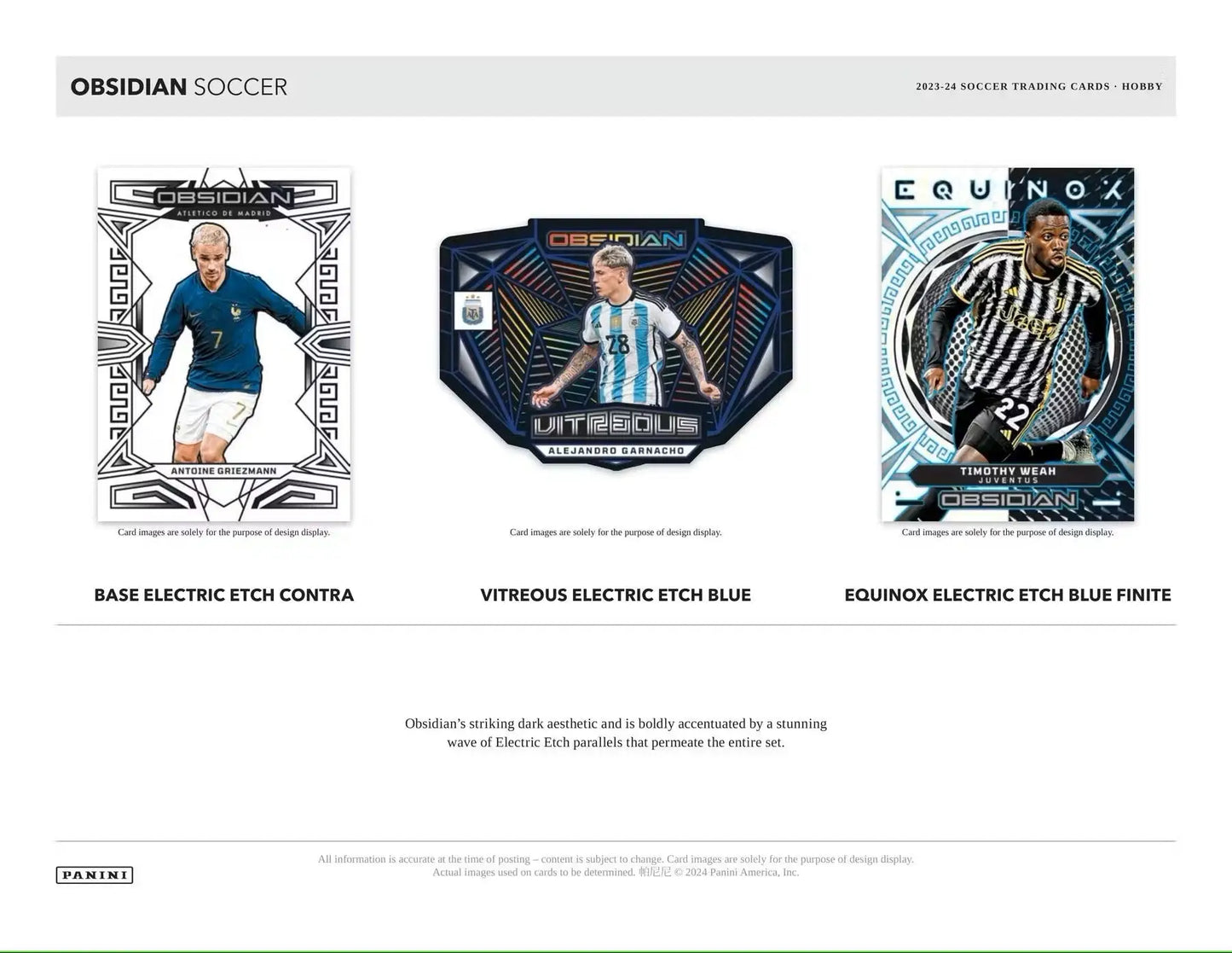 Three soccer trading cards from the 2023 24 Panini Obsidian Soccer Hobby Box