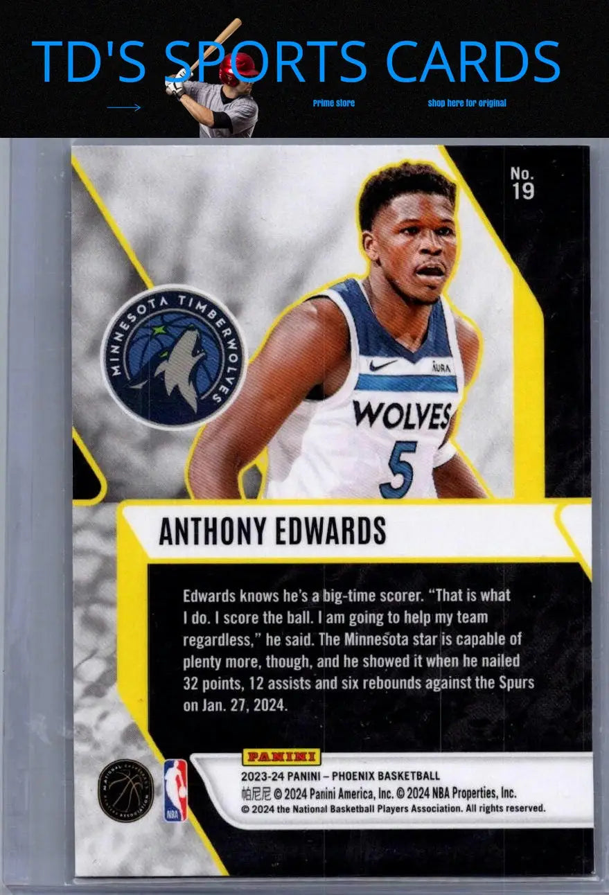 Anthony Edwards basketball card featuring Anthony Edwards Fade to Black design from 2023-24 Panini Phoenix
