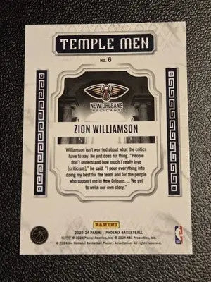 Zion Williamson basketball card from 2023-24 Panini Phoenix Williamson Temple series