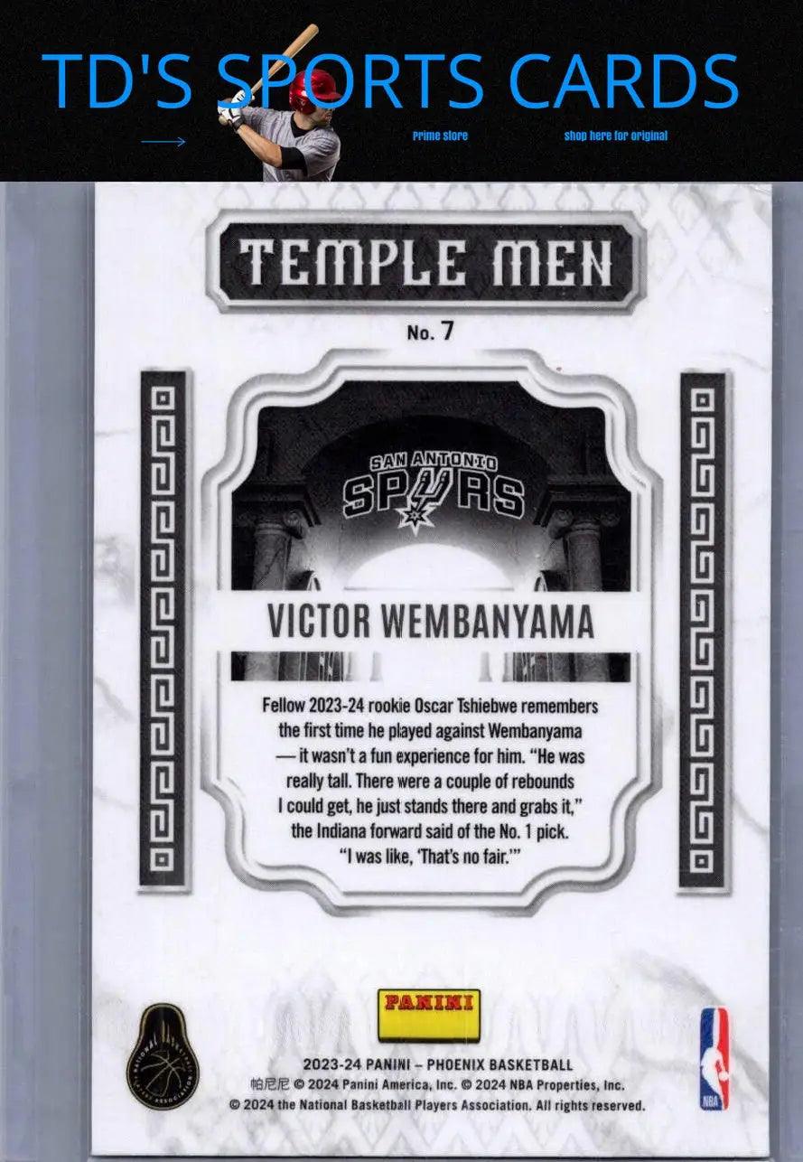 Victor Wembanyama basketball card from 2023-24 Panini Phoenix Wembanyama Temple Men Blue Ice