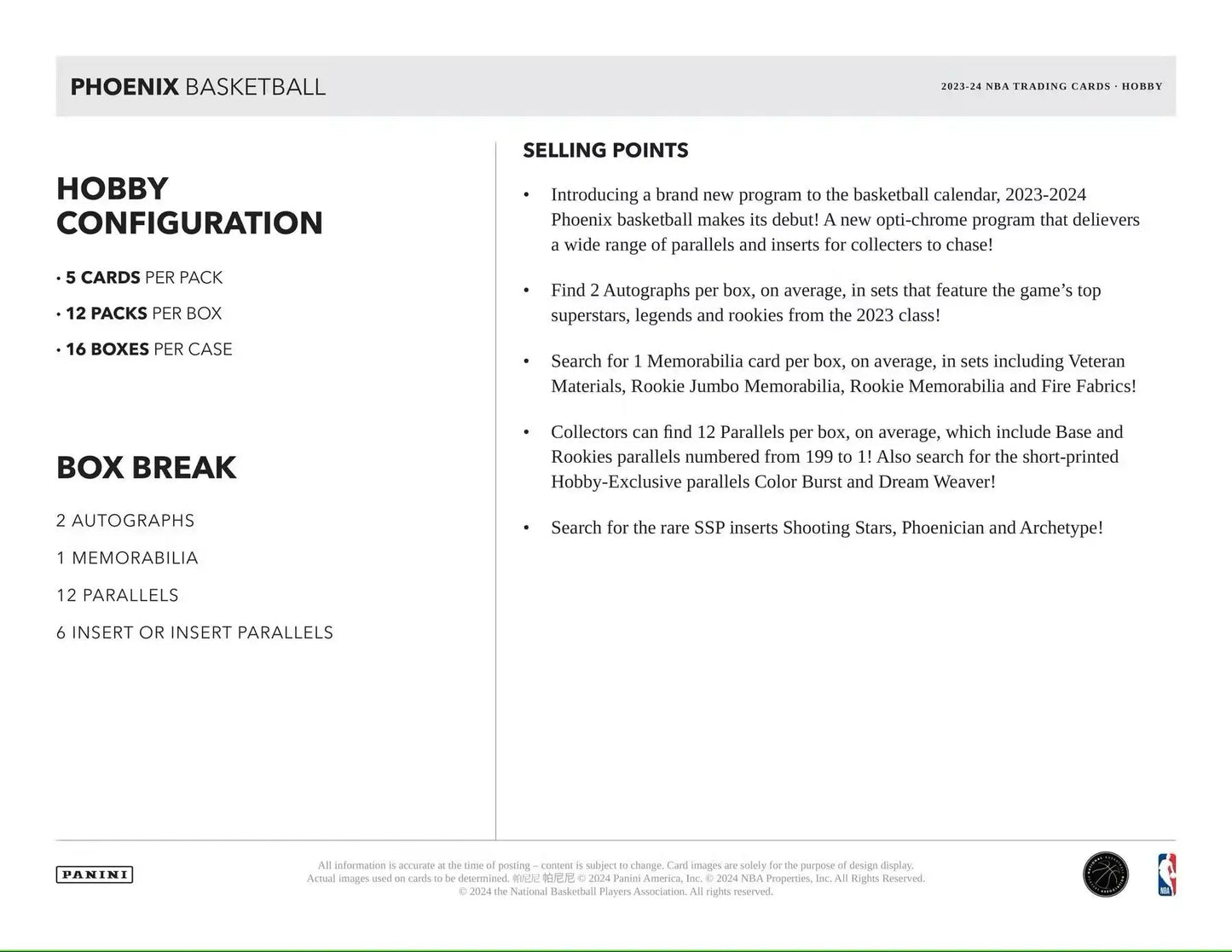 Phoenix Basketball Hobby Configuration for 2023-24 Panini Phoenix Basketball Hobby Box