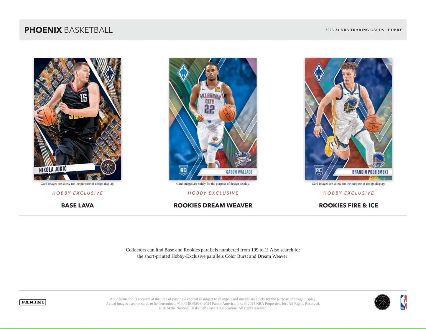 Basketball trading cards from 2023-24 Panini Phoenix Basketball Hobby Box featuring phoenix basketball cards
