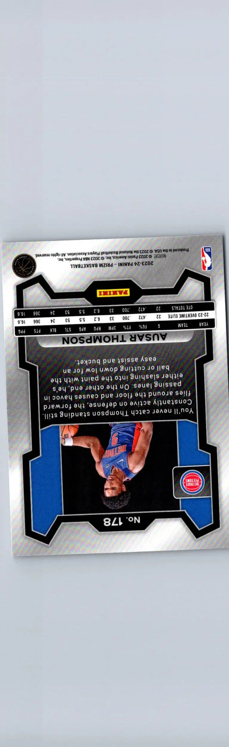 Back of a 2023-24 Panini Prizm Ausar Thompson basketball trading card