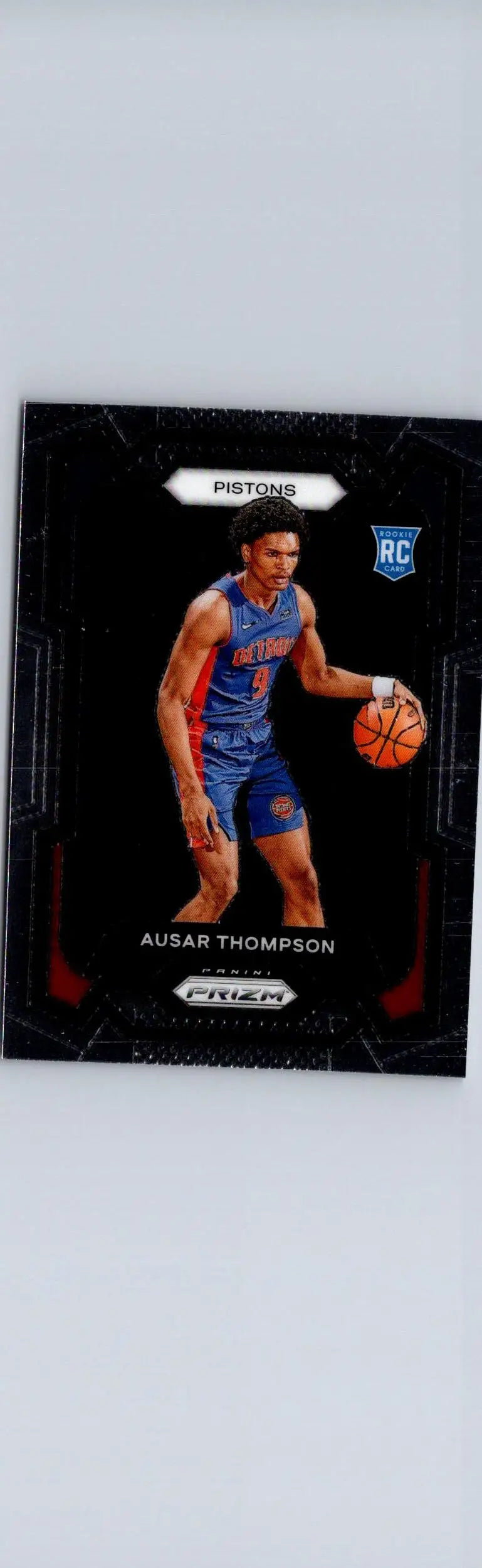 Black basketball trading card featuring Ausar Thompson in Pistons uniform from Panini Prizm