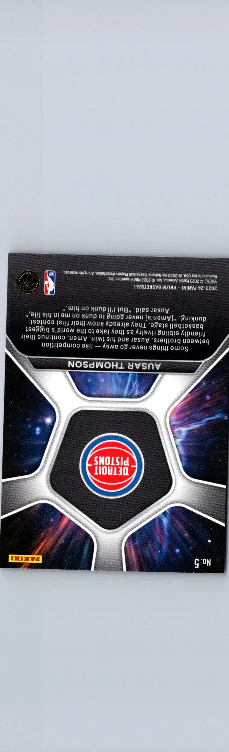 Back of Ausar Thompson Detroit Pistons basketball card from 2023-24 Panini Prizm Deep Space