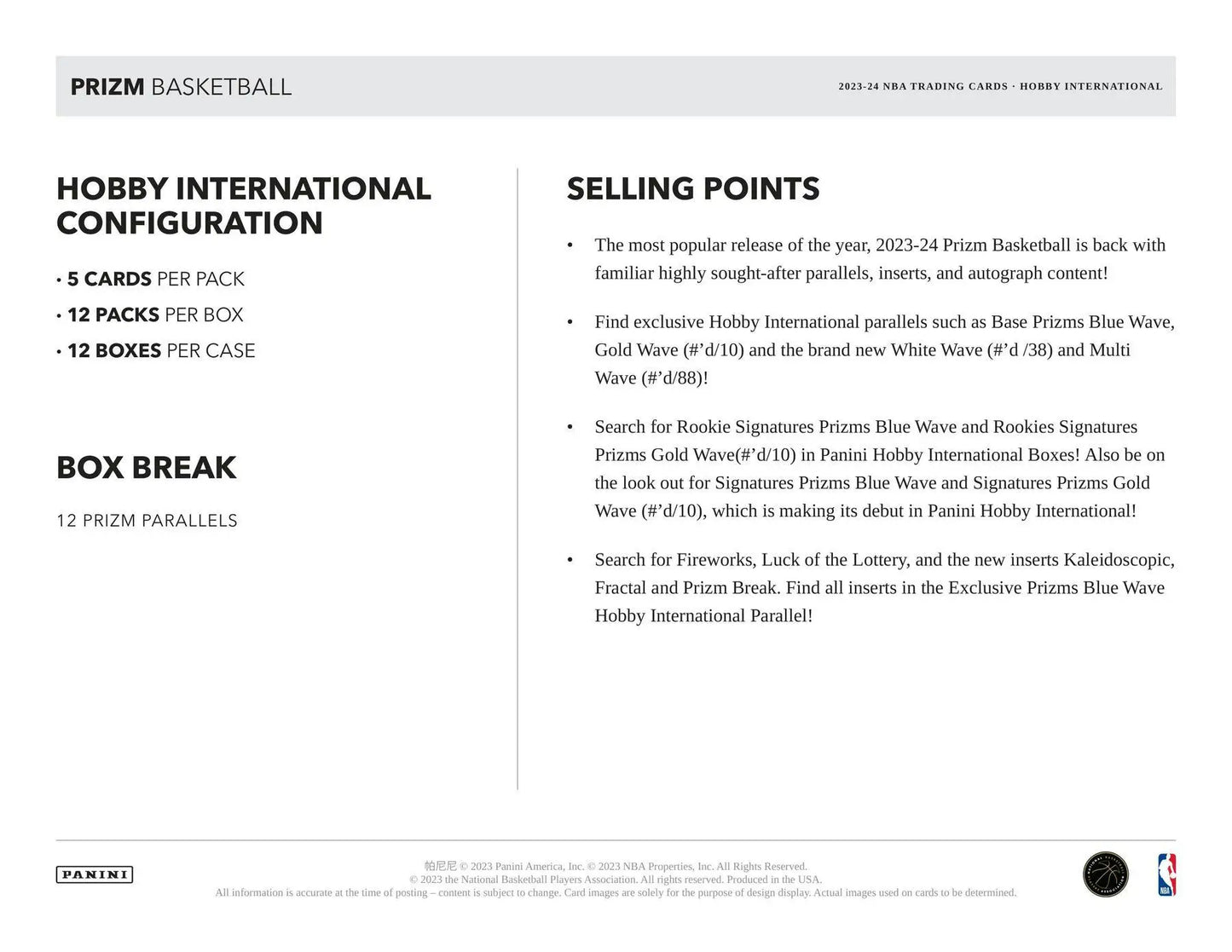2023-24 Panini Prizm Basketball International Hobby Box featuring prizms blue wave and rookie signatures