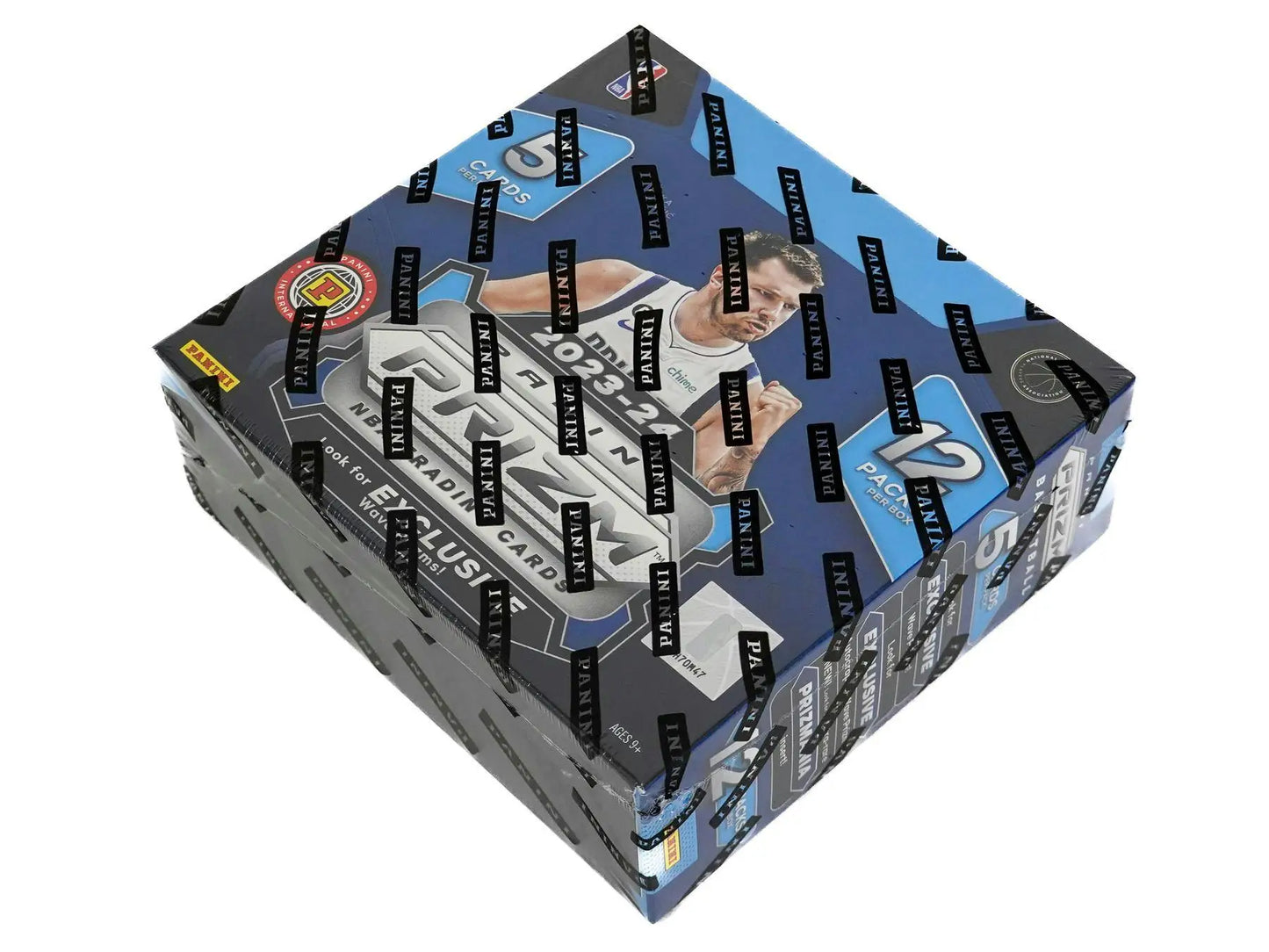 Sealed 2023-24 Panini Prizm NBA trading cards box with prizms blue wave and rookie signatures