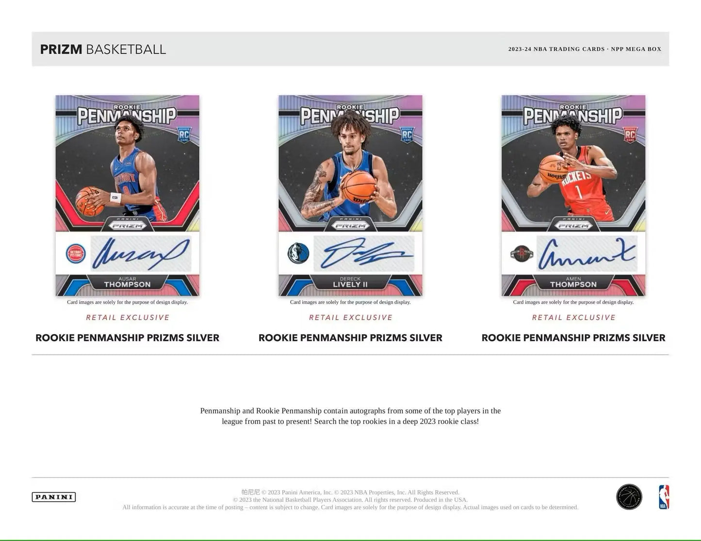 Three autographed NBA trading cards from the Rookie Penmanship Prizm Silver series