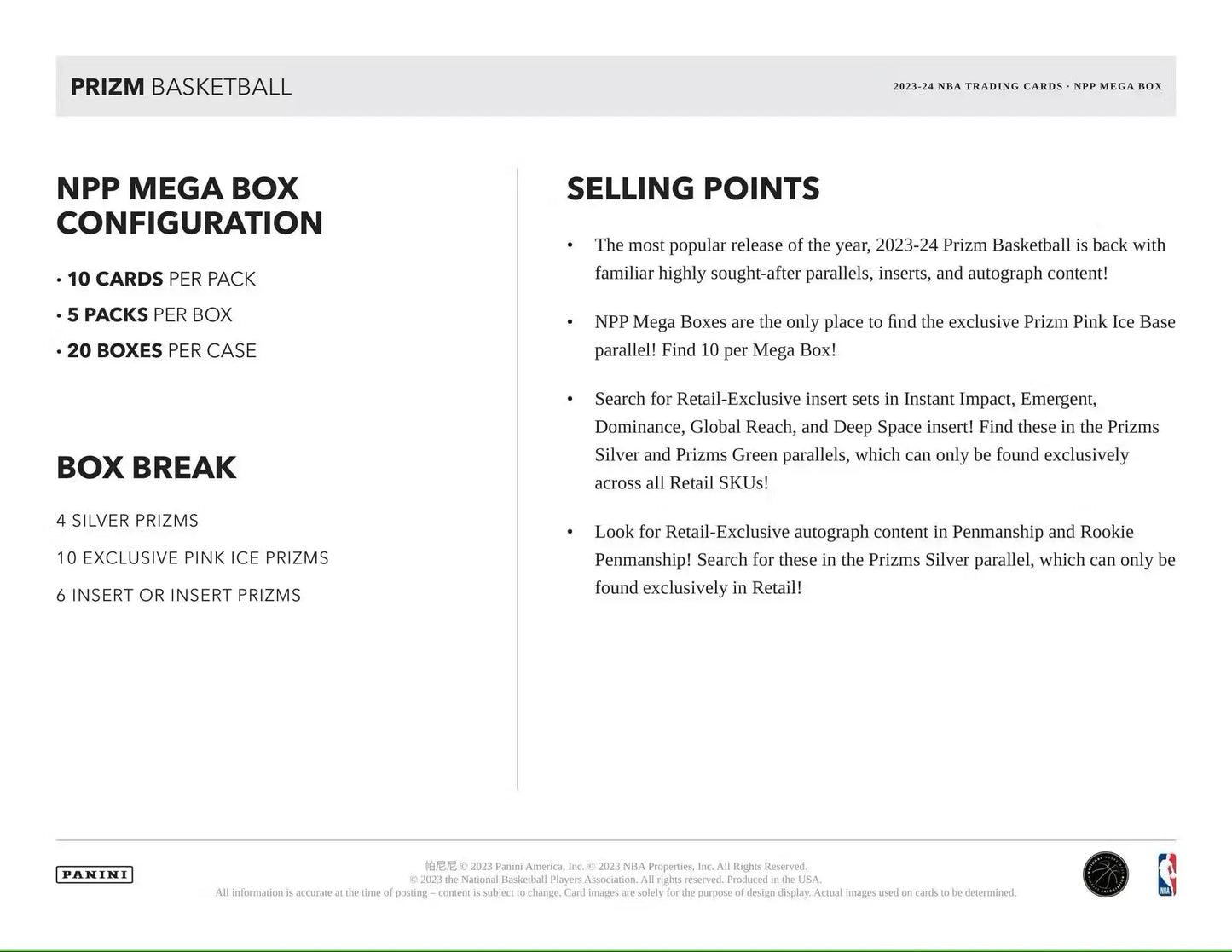 Product information sheet showcasing 2023/24 Panini Prizm Basketball Mega Box Pink Ice Prizms