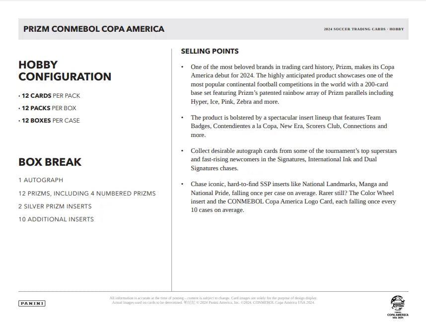 Trading card product details for 2023-24 Panini Prizm COPA America Soccer Hobby Box