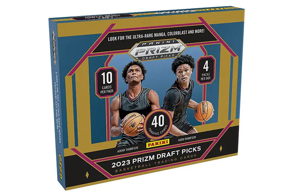 2023 Prizm Draft Picks basketball card box with players in dark jerseys