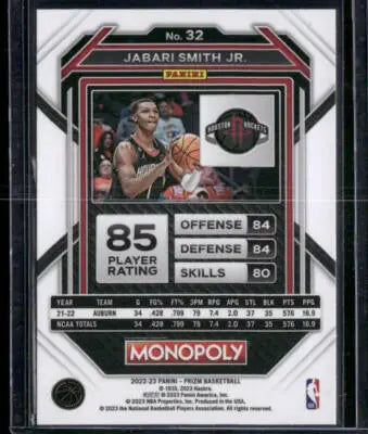 Panini Prizm Monopoly Jabari Smith Jr. basketball card from 2023-24 Panini Prizm Monopoly collection
