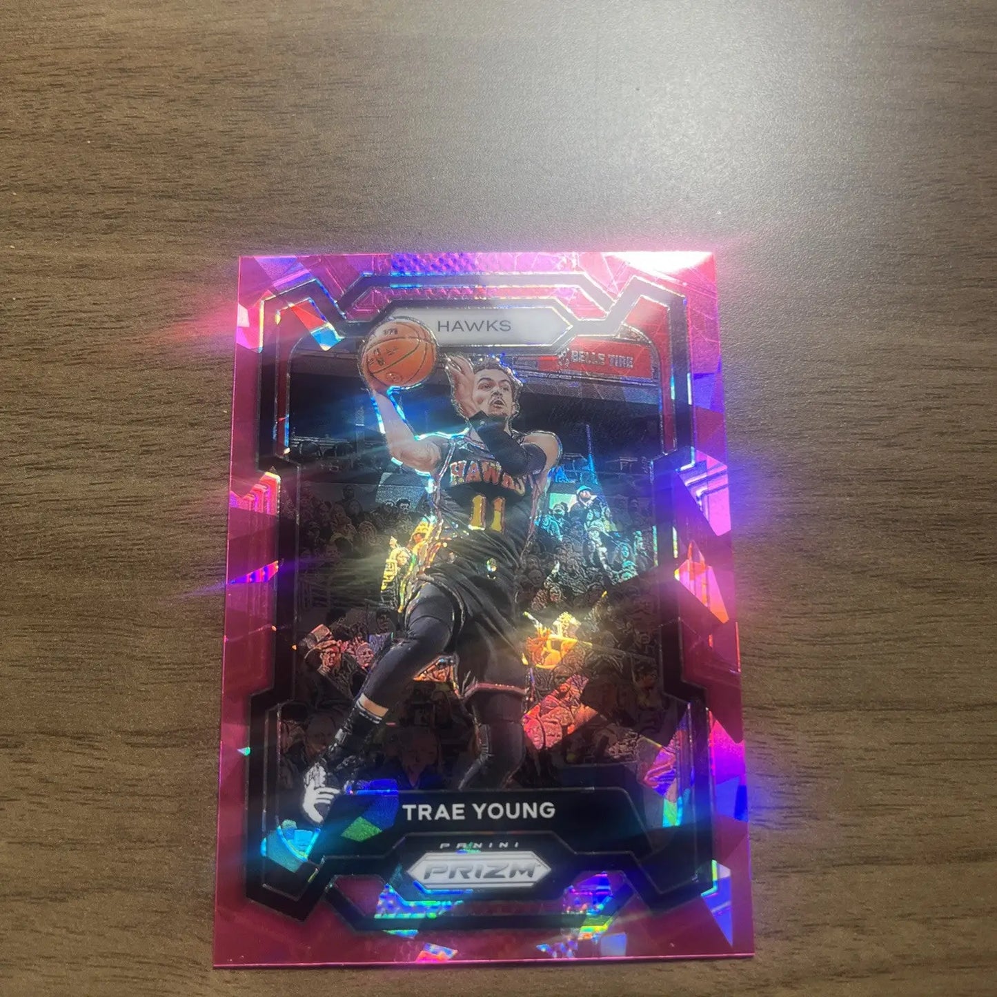 Trae Young basketball card from 2023-24 Panini Prizm Pink Ice Prizm collection