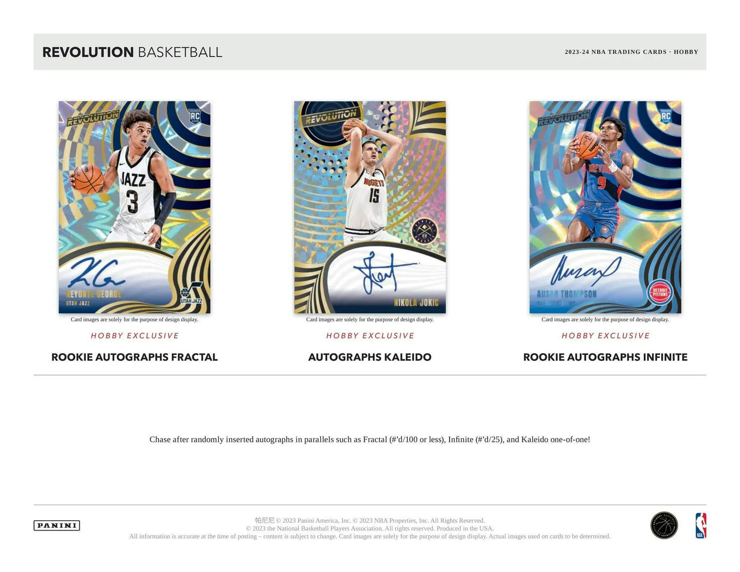 Three basketball trading cards with randomly inserted autographs and colorful patterns