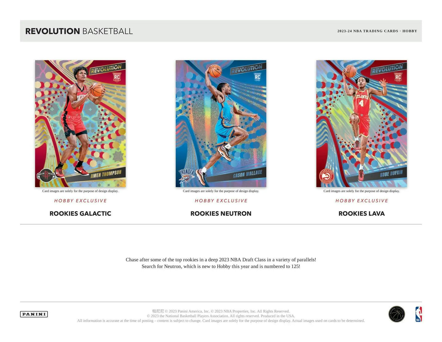 Three basketball trading cards showcasing players in action from the 2023-24 Panini Revolution Hobby Box