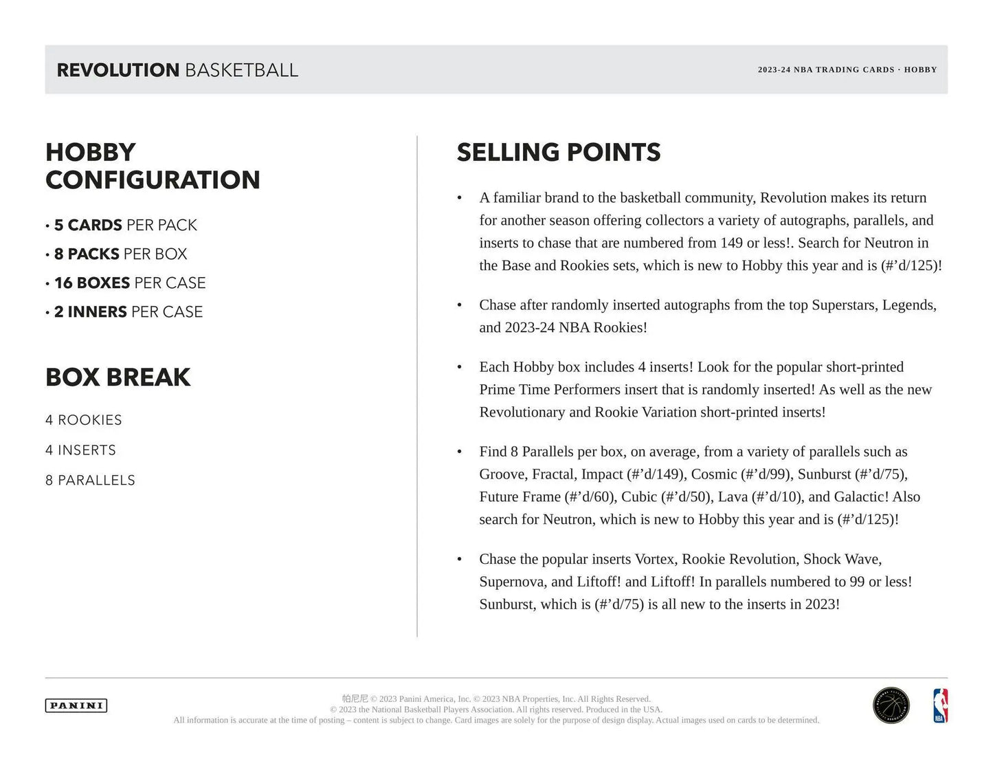 Product information sheet for 2023-24 Panini Revolution Basketball Hobby Box with selling points and randomly inserted autographs