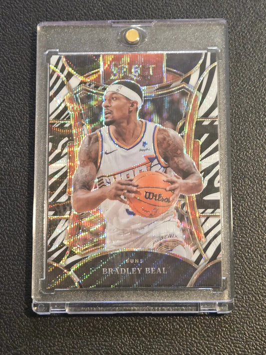 Basketball trading card featuring Bradley Beal Zebra Prizms in protective case, 2023-24 Panini Select