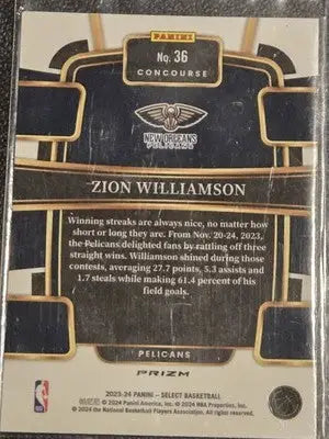 Zion Williamson basketball card featuring Orange Flash Prizms from 2023-24 Panini Select