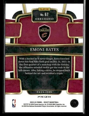 Back of a Cleveland Cavaliers Emoni Bates basketball trading card featuring Blue Prizms