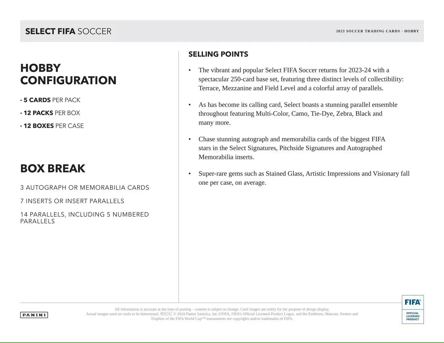 Select FIFA Soccer hobby configuration on 2023-24 Panini Select FIFA Soccer Hobby Box