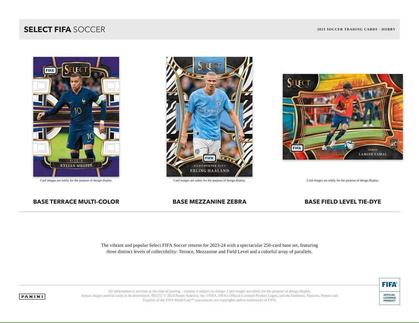 Three soccer trading cards from the 2023-24 Panini Select FIFA Soccer Hobby Box