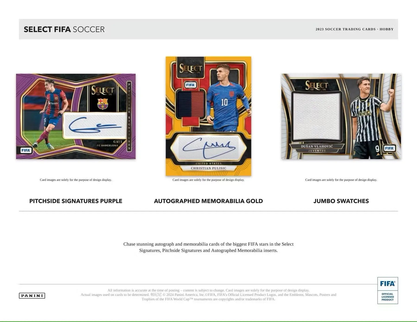 Three soccer trading cards from the 2023-24 Panini Select FIFA Soccer Hobby Box