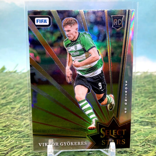 Glossy soccer trading card of Viktor Gyokeres in green and white jersey with Silver Prizm