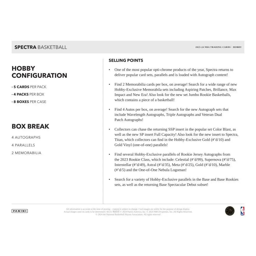 Spectra Basketball hobby configuration and box break details for 2023-24 Panini Spectra Basketball